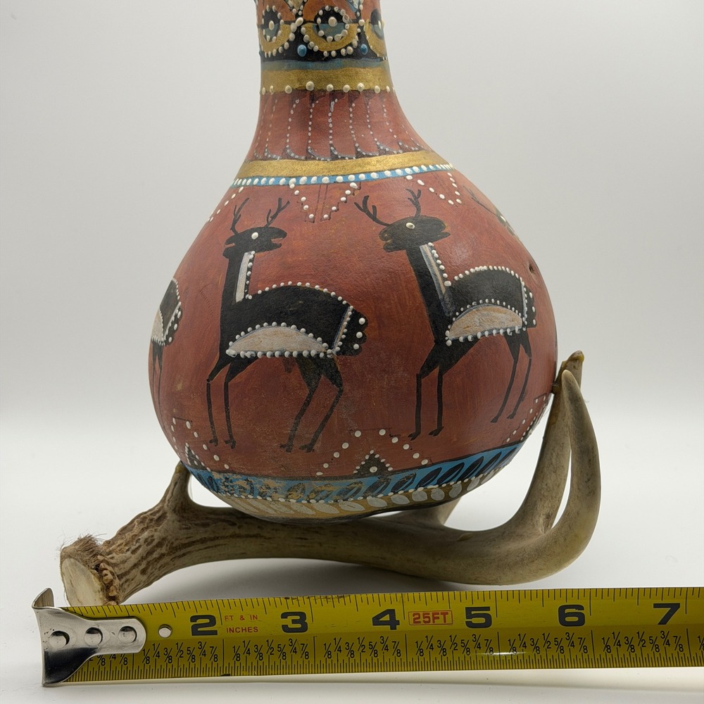 Southwestern Hand-Painted Gourd Vase Antler Base Rustic Lodge Decor Folk Art - Picture 8 of 11